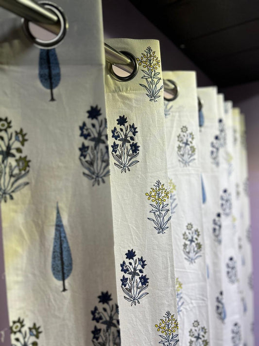 Navy Blossom Block Print Cotton Curtains