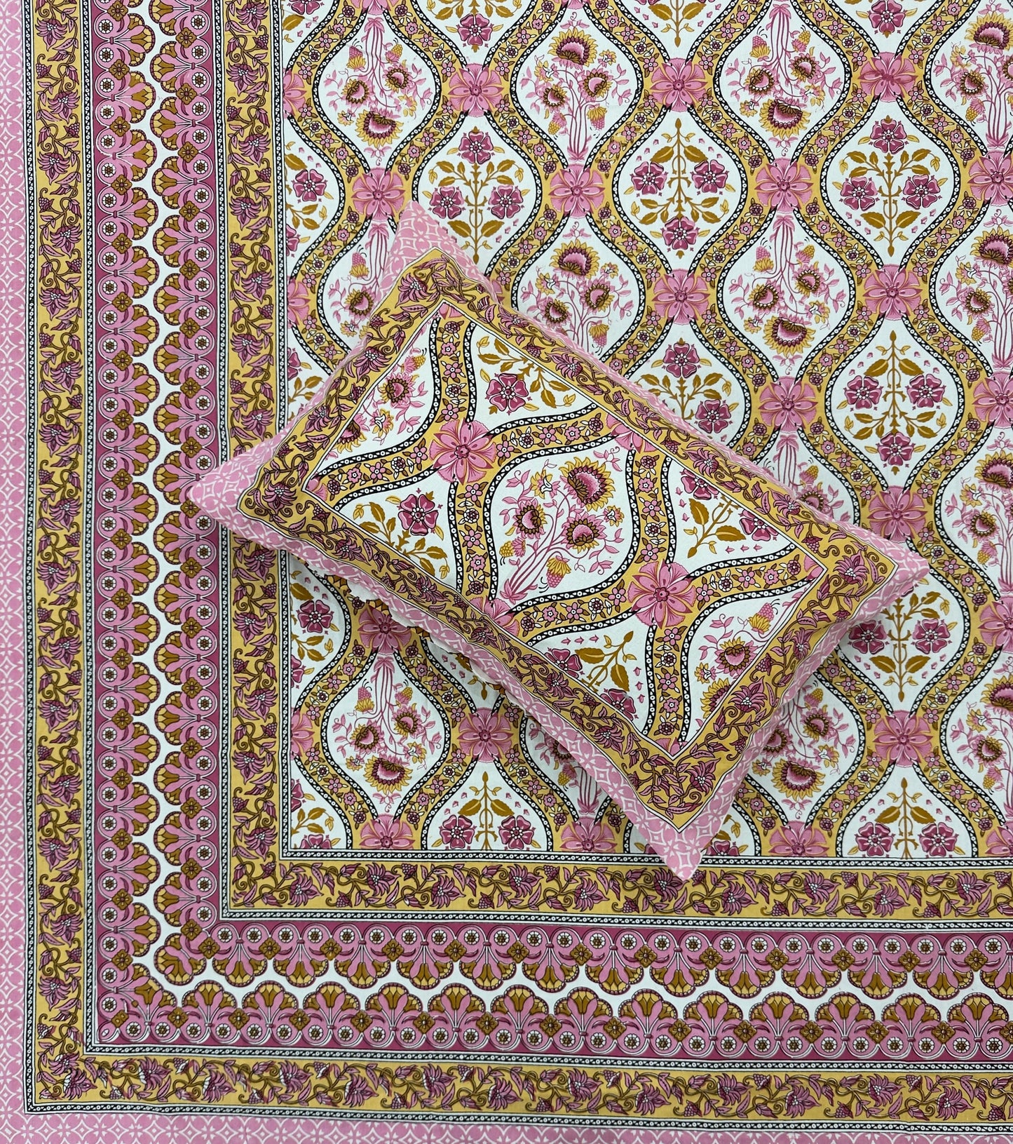 Soft Pure Cotton Jaipuri Style Double Bedsheet with 2 Reversible Pillow Covers