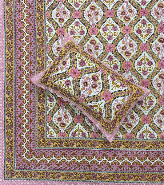 Soft Pure Cotton Jaipuri Style Double Bedsheet with 2 Reversible Pillow Covers