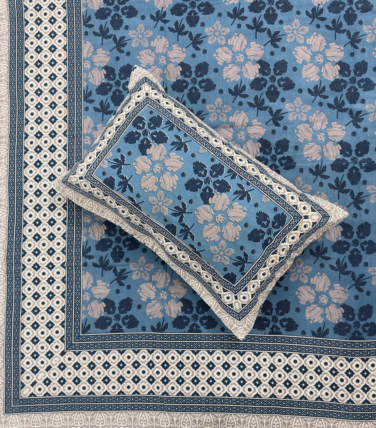 Soft Pure Cotton Jaipuri Style Double Bedsheet with 2 Reversible Pillow Covers