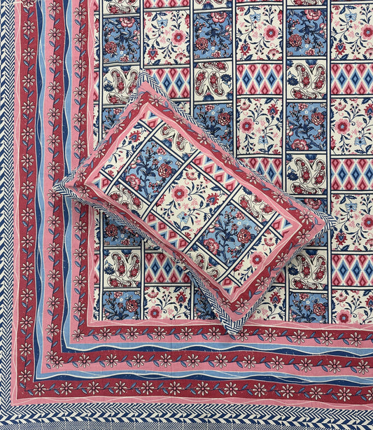 Soft Pure Cotton Jaipuri Style Double Bedsheet with 2 Reversible Pillow Covers