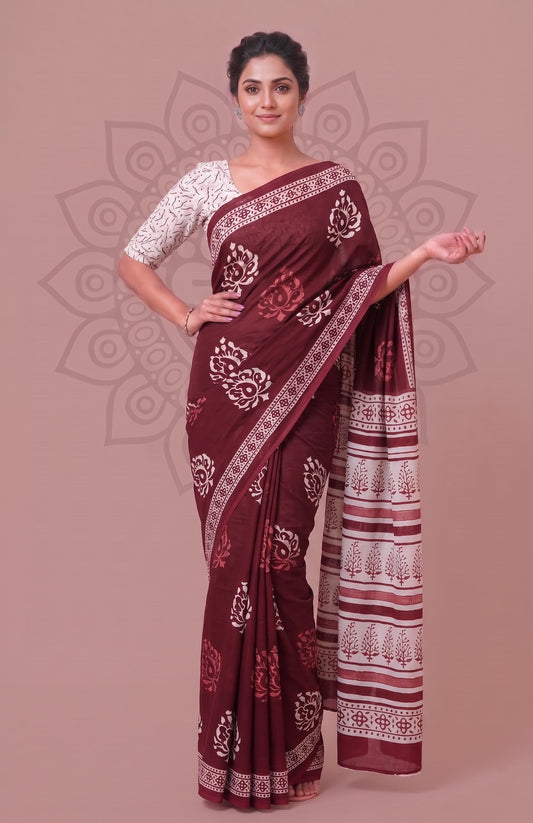 Handcrafted Floral Print Collection Traditional Cotton Sarees for Women