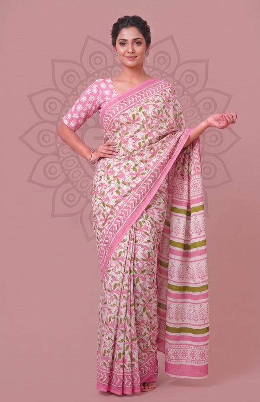 Traditional Jaipuri Saree – Hand Block Floral Cotton Print