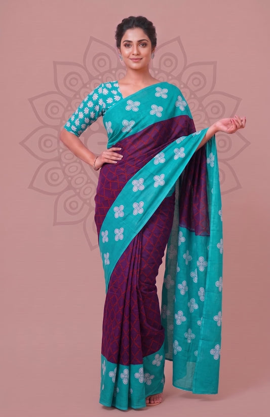 Mulmul Cotton Saree – Lightweight Soft Floral Hand Block Print