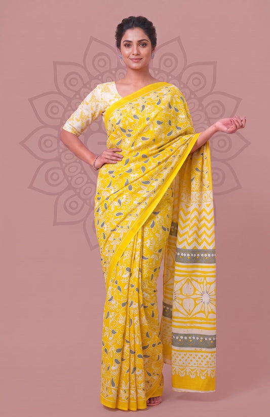 Floral Printed Cotton Saree – Premium Hand Block Traditional Design