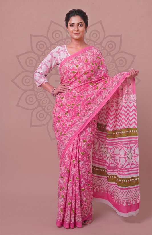 Traditional Floral Craft Hand Block Printed Cotton Saree