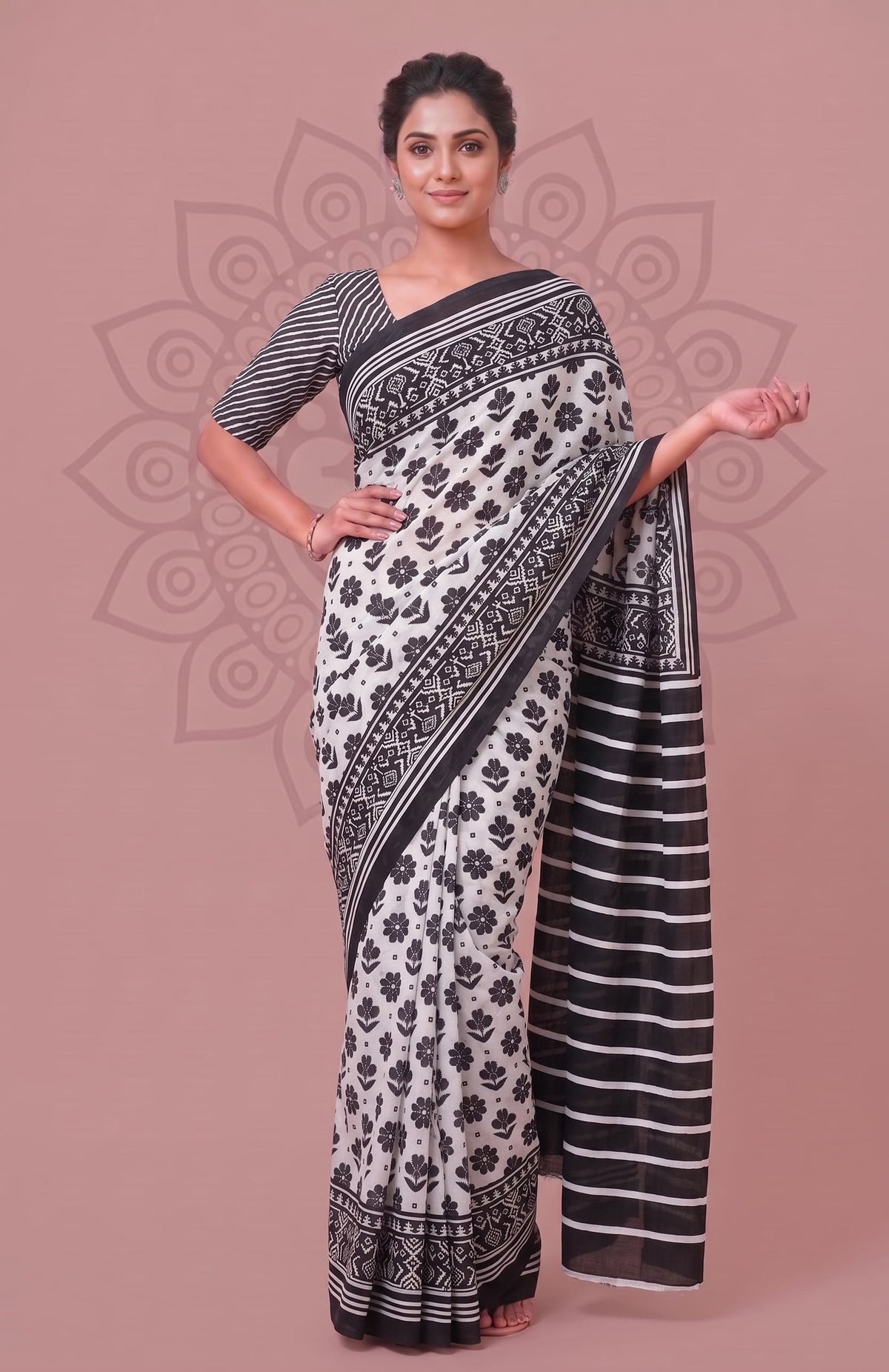 Floral Hand Block Print Designer Cotton Saree