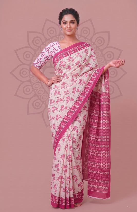 Traditional Cotton Saree – Elegant Hand Block Printed Floral Design
