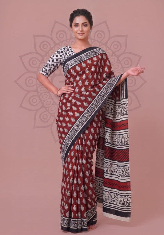 Lightweight Cotton Saree – Soft Floral Hand Block Printed Design
