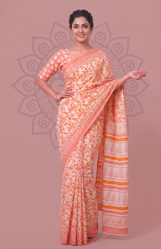 Pure Cotton Saree – Premium Jaipuri Floral Hand Block Printed Design