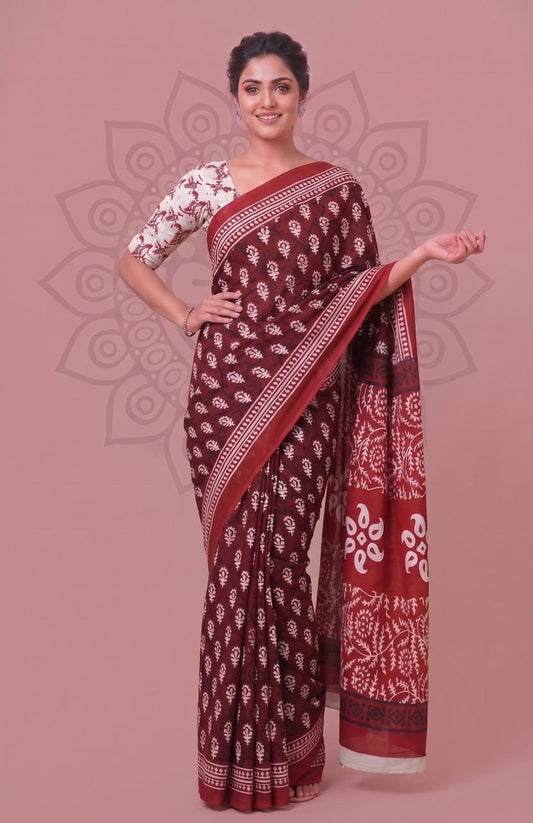 Premium Hand Block Cotton Saree – Elegant Floral Traditional Design