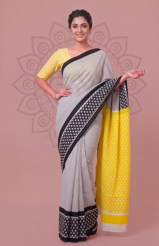 Ethnic Cotton Saree – Traditional Floral Hand Block Printed Design