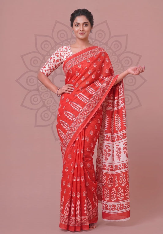 Stylish Saree for Women – Premium Cotton Floral Hand Block Design
