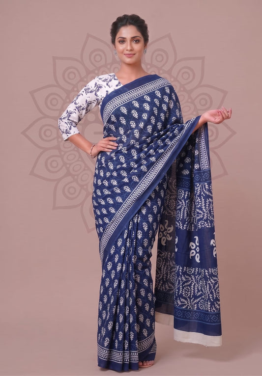 Elegant Cotton Floral Traditional Design Block Printed Saree