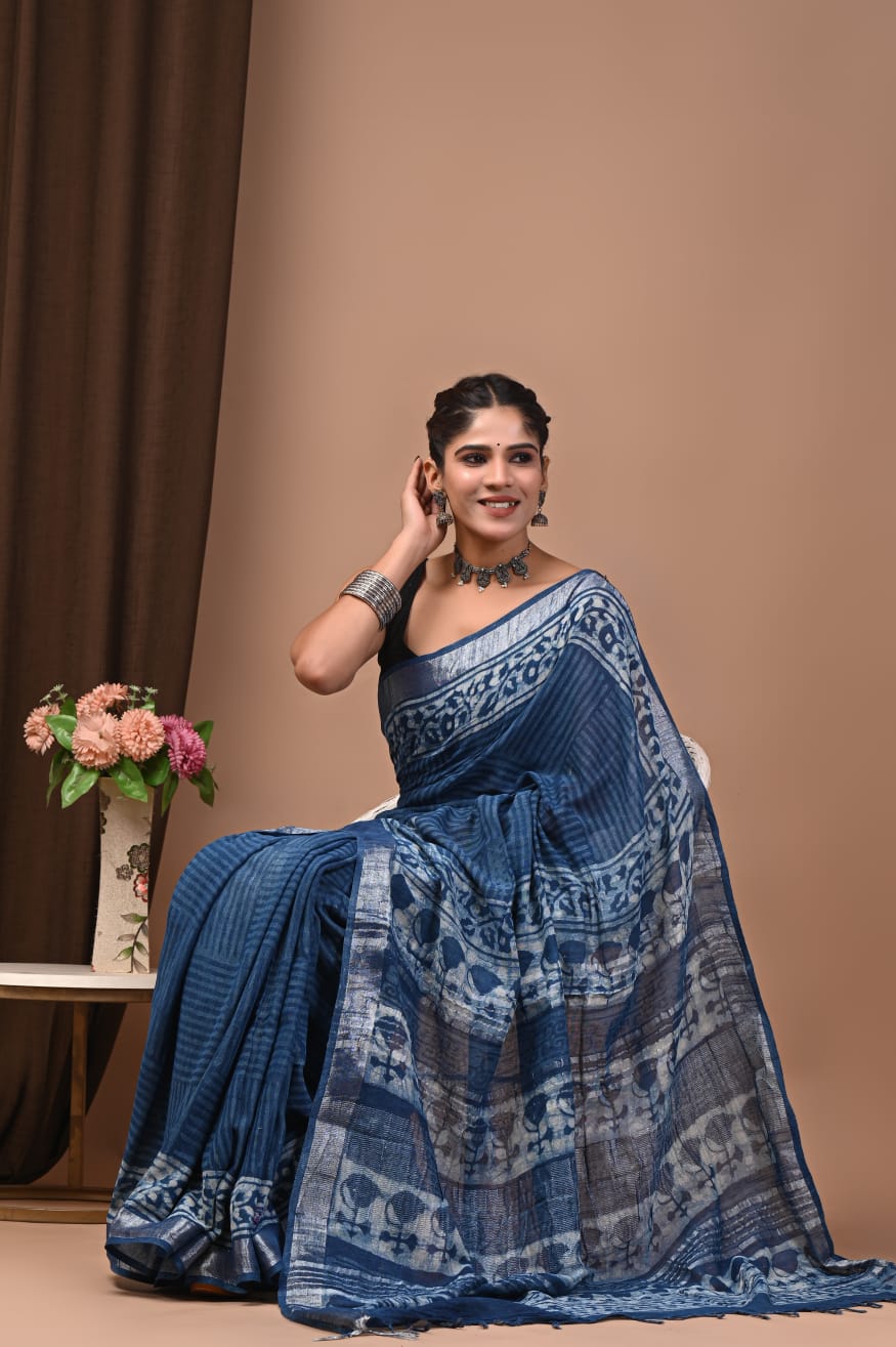 Traditional Bhagalpuri Linen Cotton Saree for Women