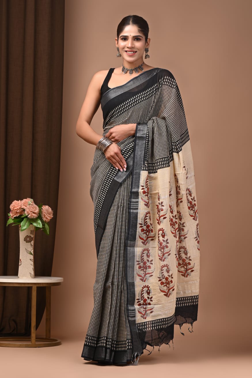 Traditional Bhagalpuri Linen Cotton Saree for Women