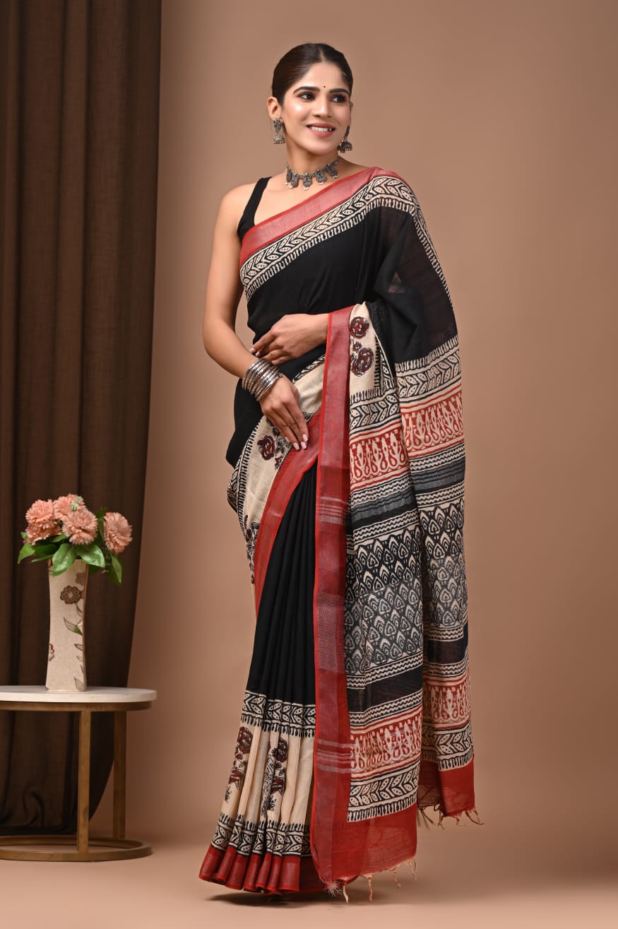 Traditional Bhagalpuri Linen Cotton Saree for Women