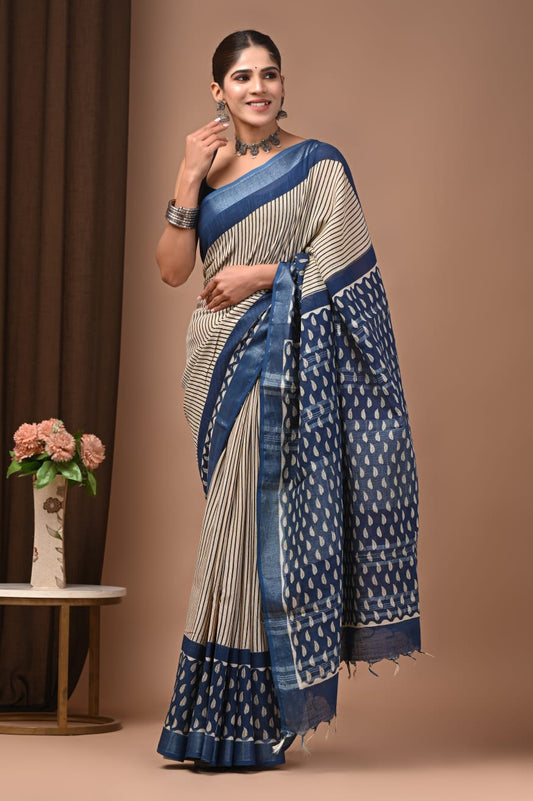 Traditional Bhagalpuri Linen Cotton Saree for Women