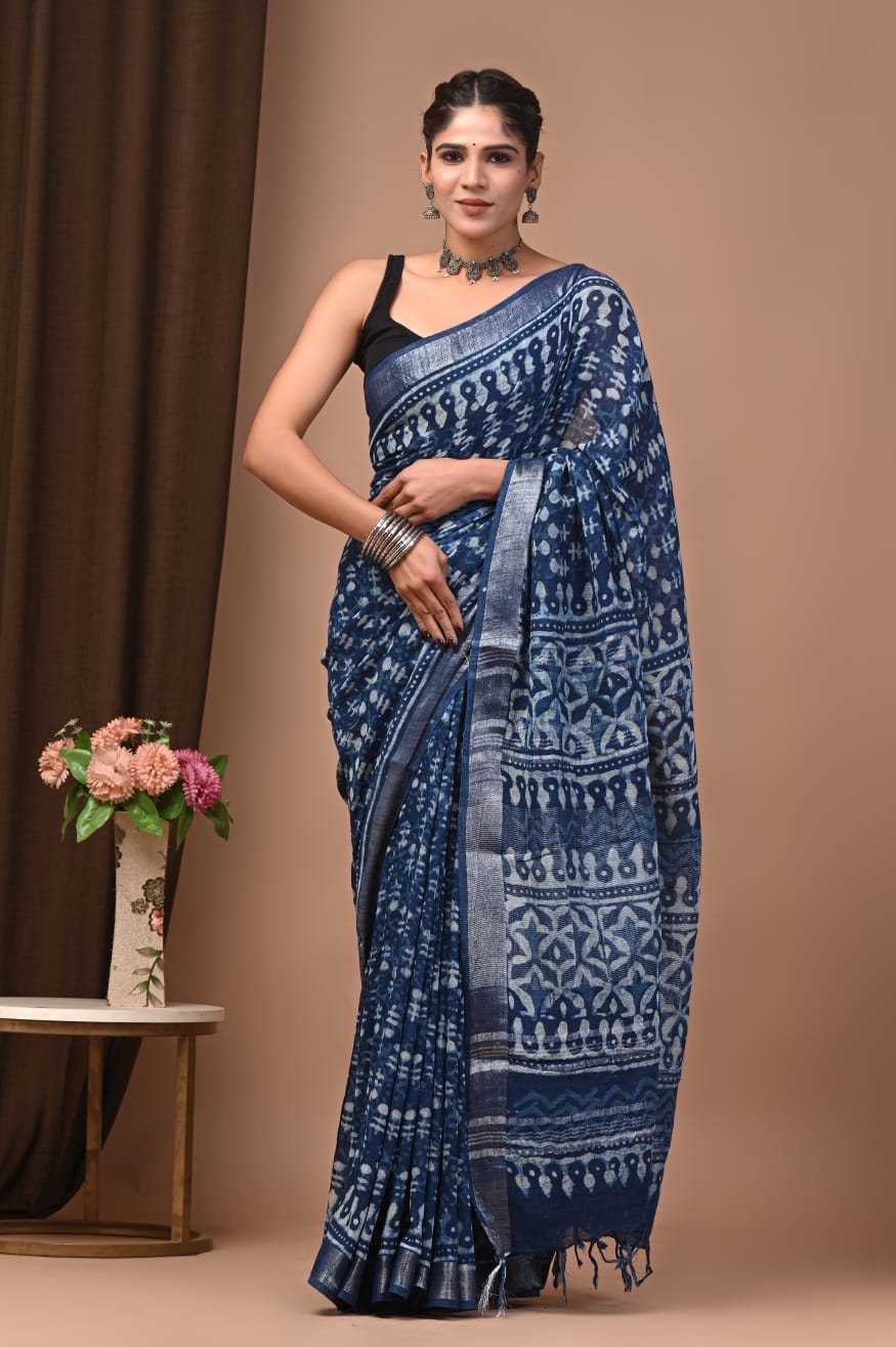 Traditional Bhagalpuri Linen Cotton Saree for Women