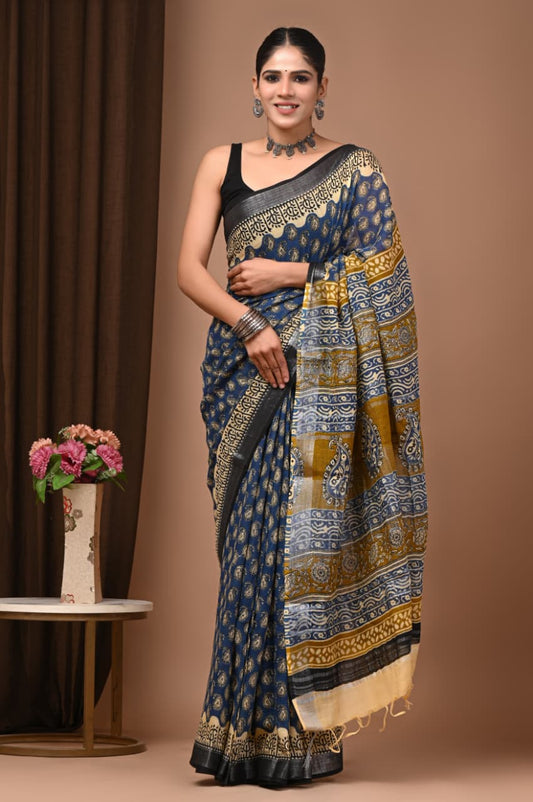 Traditional Bhagalpuri Linen Cotton Saree for Women