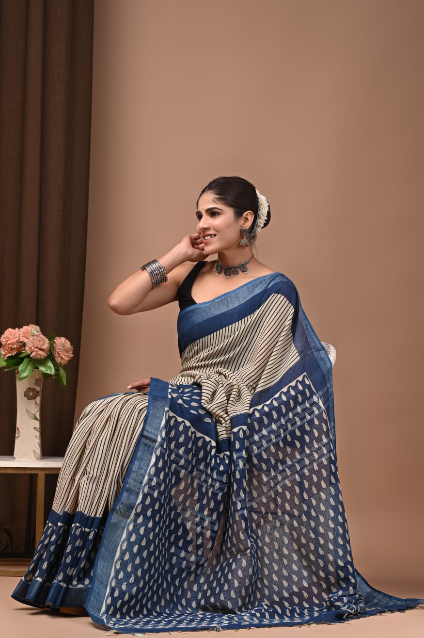 Traditional Bhagalpuri Linen Cotton Saree for Women