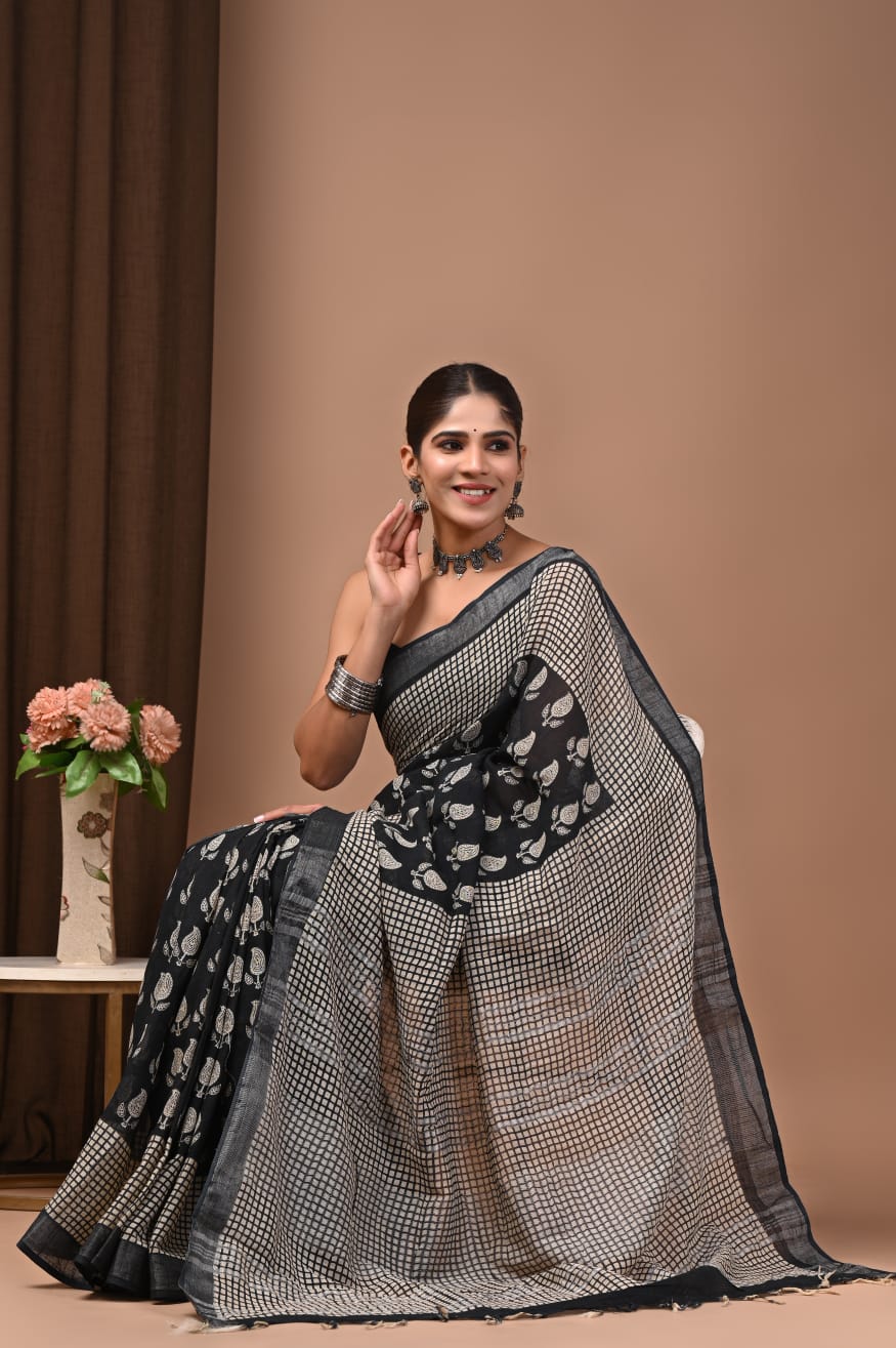 Traditional Bhagalpuri Linen Cotton Saree for Women