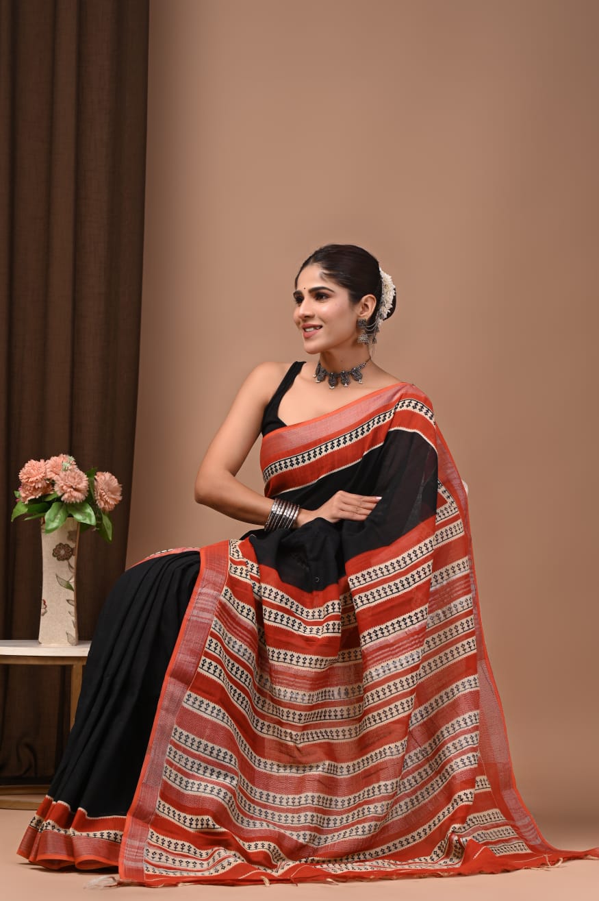 Traditional Bhagalpuri Linen Cotton Saree for Women