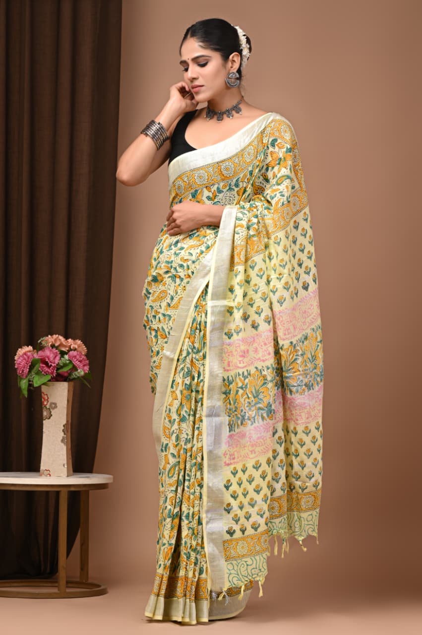 Traditional Bhagalpuri Linen Cotton Saree for Women