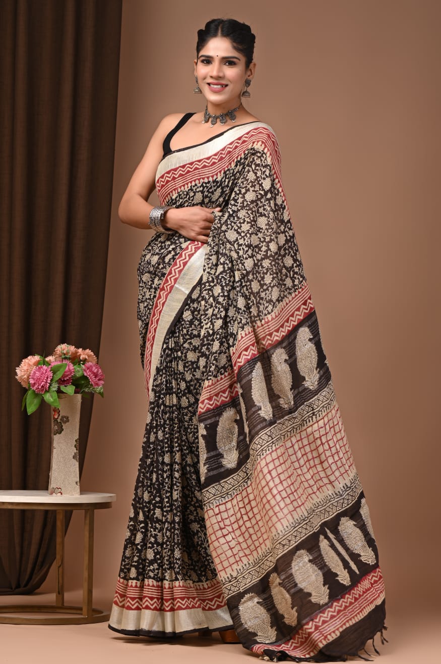 Traditional Bhagalpuri Linen Cotton Saree for Women