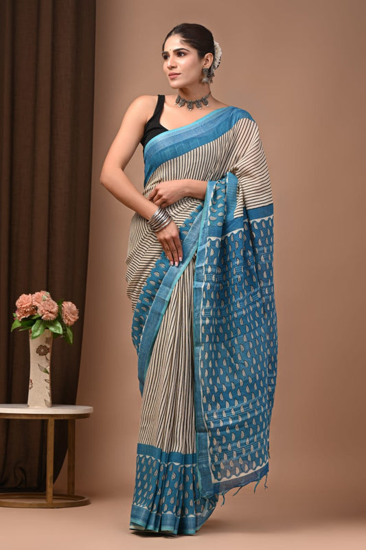 Traditional Bhagalpuri Linen Cotton Saree for Women