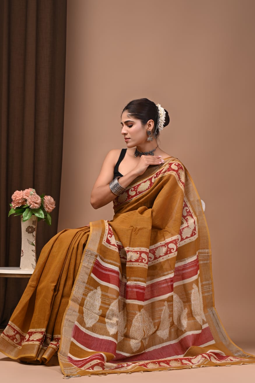 Traditional Bhagalpuri Linen Cotton Saree for Women