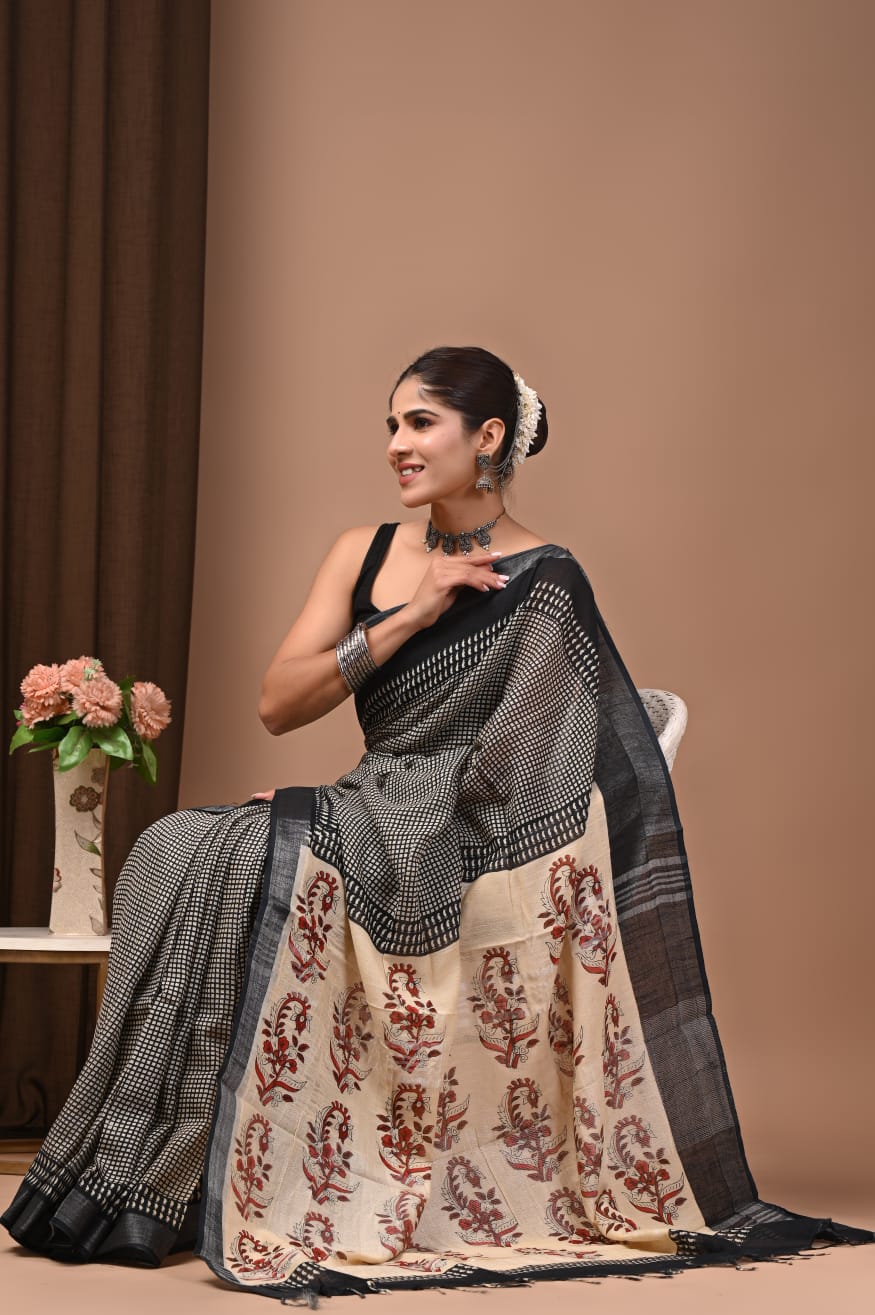 Traditional Bhagalpuri Linen Cotton Saree for Women