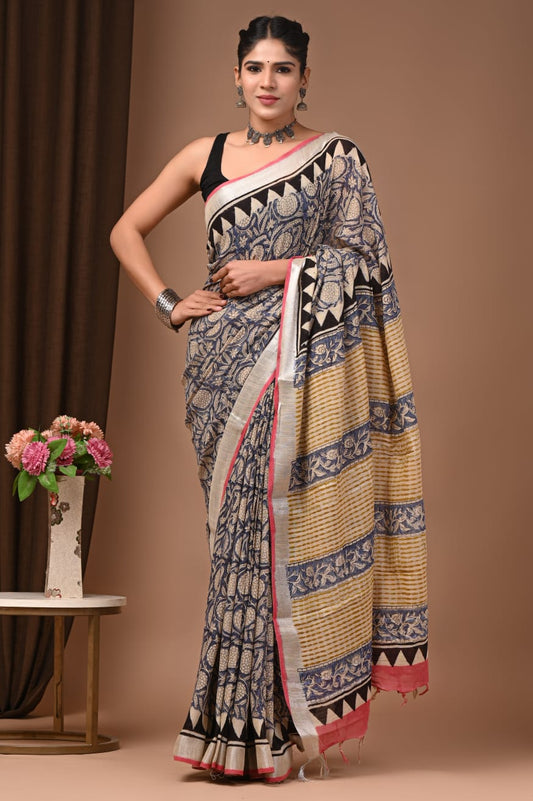 Traditional Bhagalpuri Linen Cotton Saree for Women