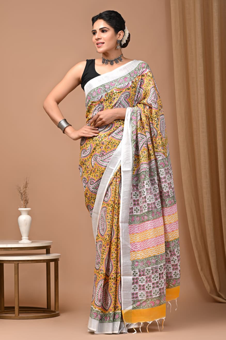 Traditional Bhagalpuri Linen Cotton Saree for Women
