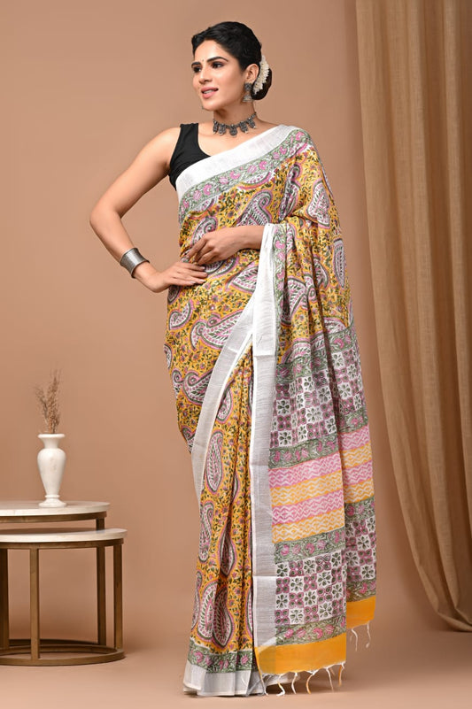 Traditional Bhagalpuri Linen Cotton Saree for Women
