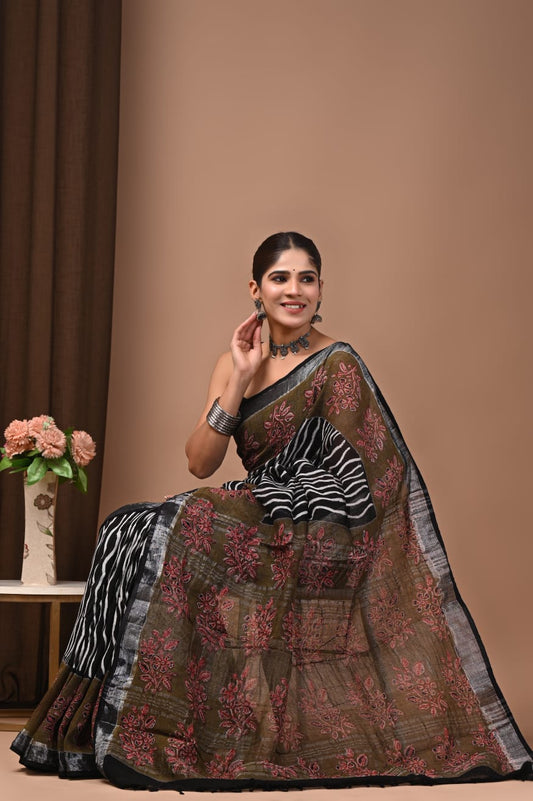 Traditional Bhagalpuri Linen Cotton Saree for Women