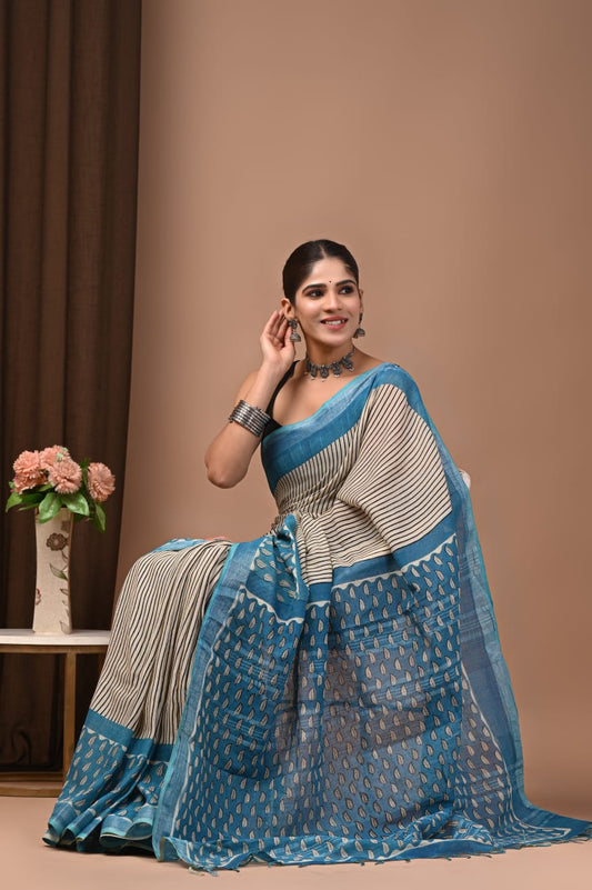 Traditional Bhagalpuri Linen Cotton Saree for Women
