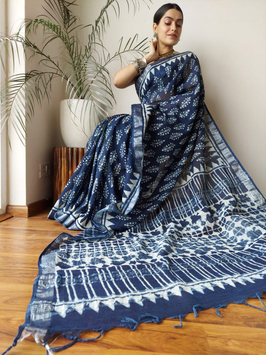 Traditional Bhagalpuri Linen Cotton Saree for Women