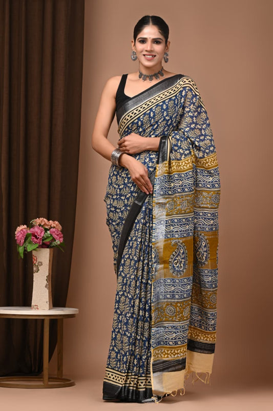 Traditional Bhagalpuri Linen Cotton Saree for Women