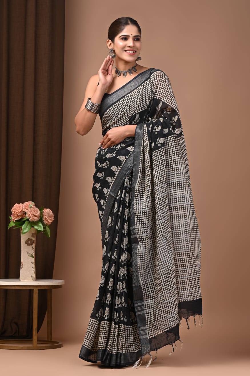 Traditional Bhagalpuri Linen Cotton Saree for Women