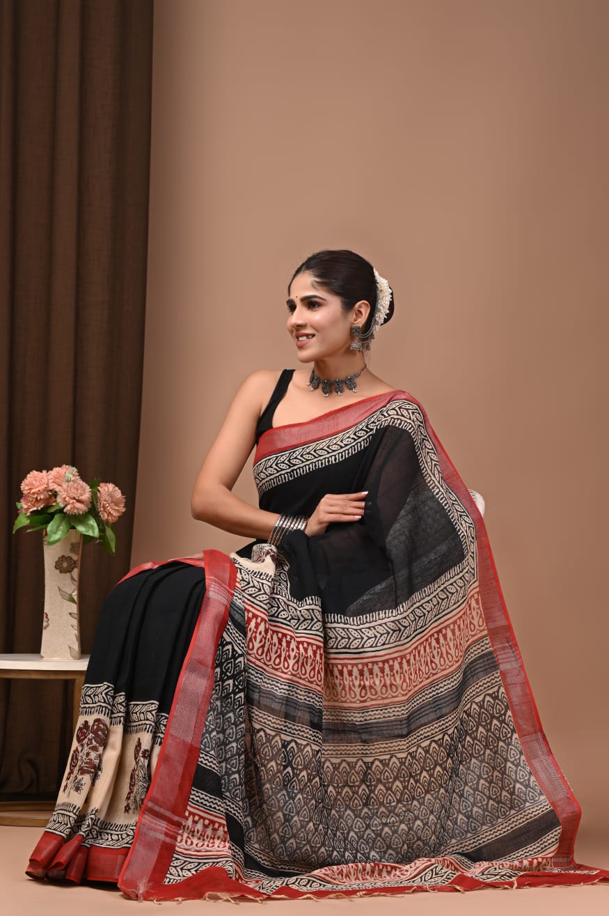 Traditional Bhagalpuri Linen Cotton Saree for Women
