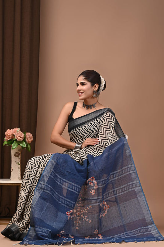 Traditional Bhagalpuri Linen Cotton Saree for Women