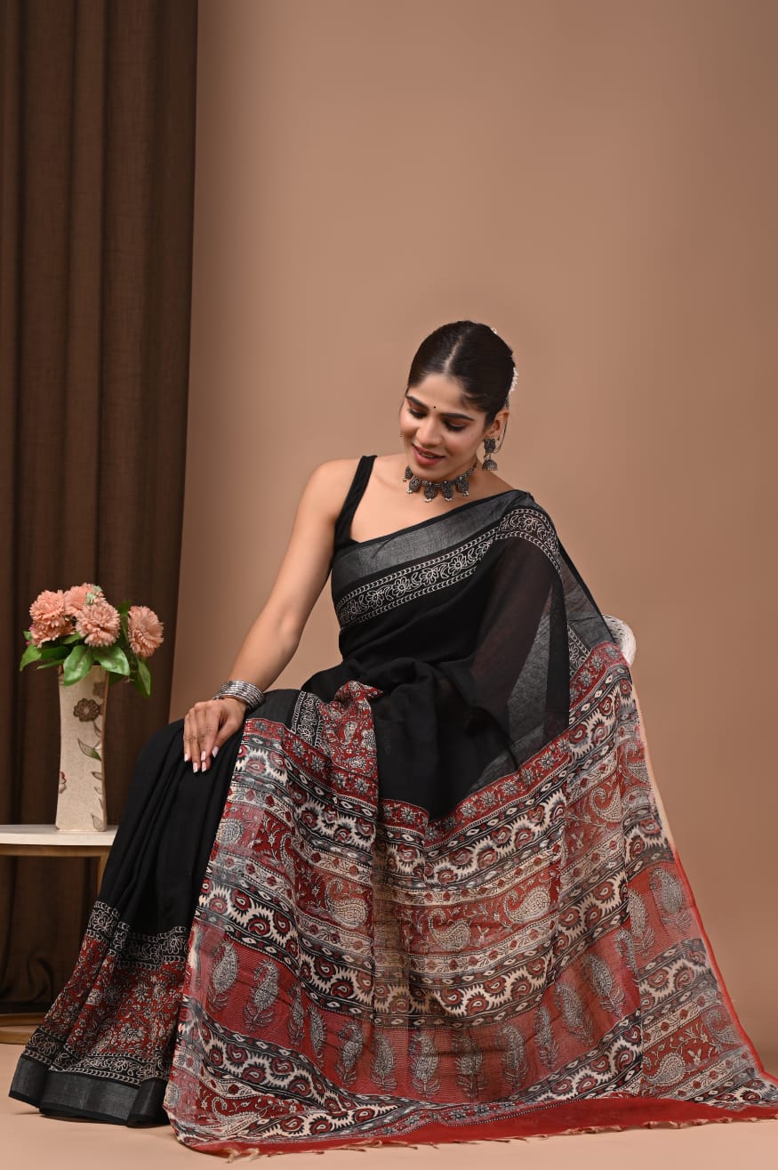 Traditional Bhagalpuri Linen Cotton Saree for Women