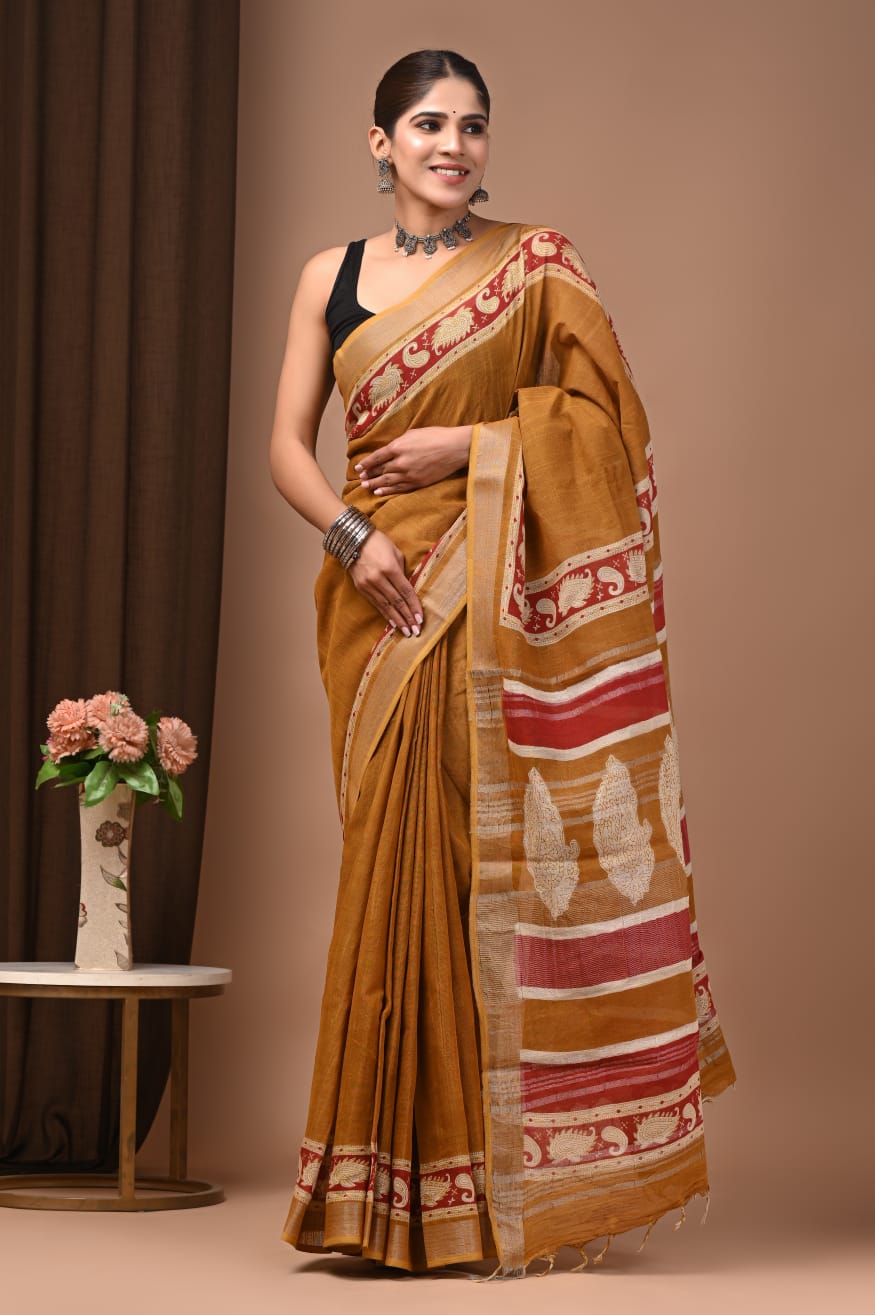 Traditional Bhagalpuri Linen Cotton Saree for Women