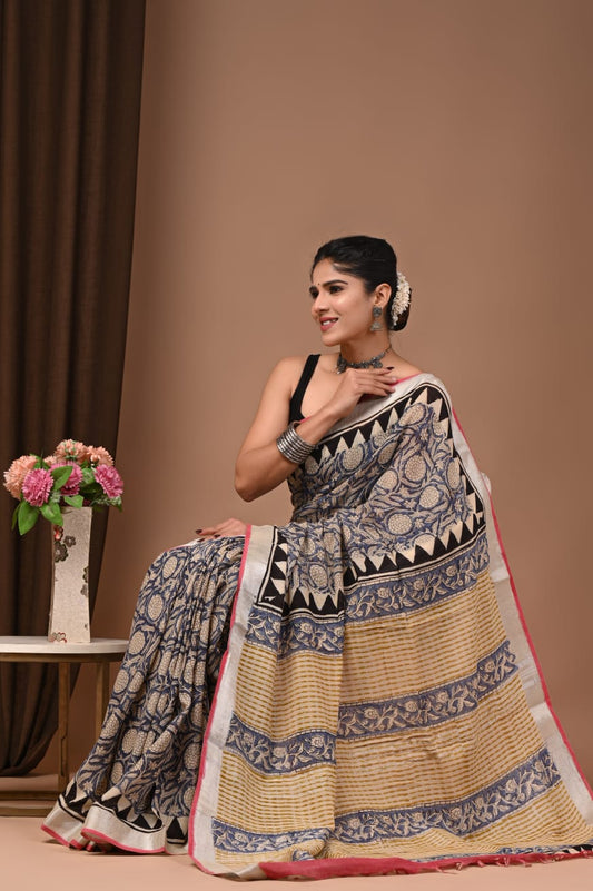 Traditional Bhagalpuri Linen Cotton Saree for Women