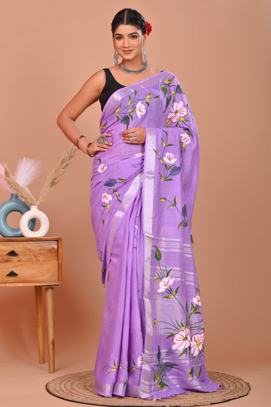 Painted via Hand Brush Linen Cotton Saree With Blouse Piece