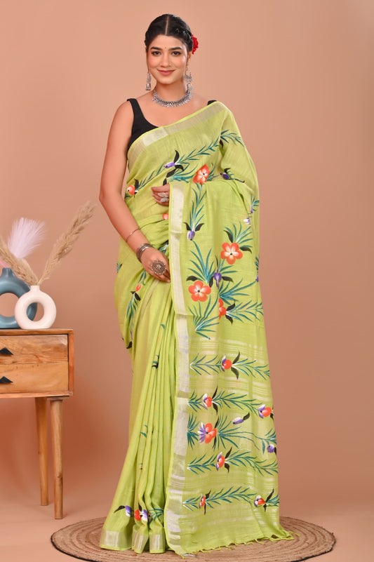 Painted via Hand Brush Linen Cotton Saree With Blouse Piece