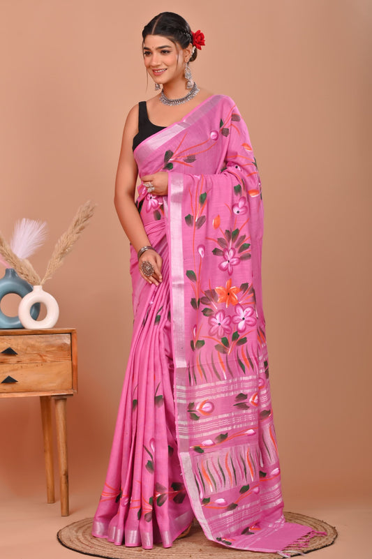Painted via Hand Brush Linen Cotton Saree With Blouse Piece