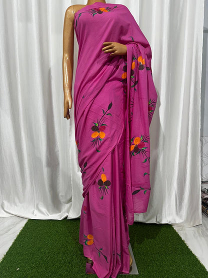 Painted via Hand Brush Cotton Saree With Blouse Piece