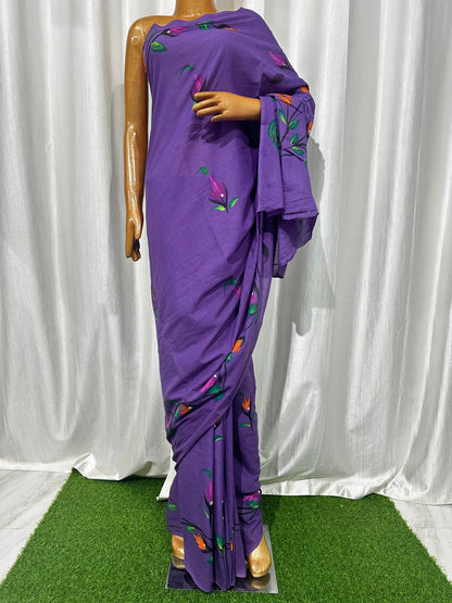 Painted via Hand Brush Cotton Saree With Blouse Piece
